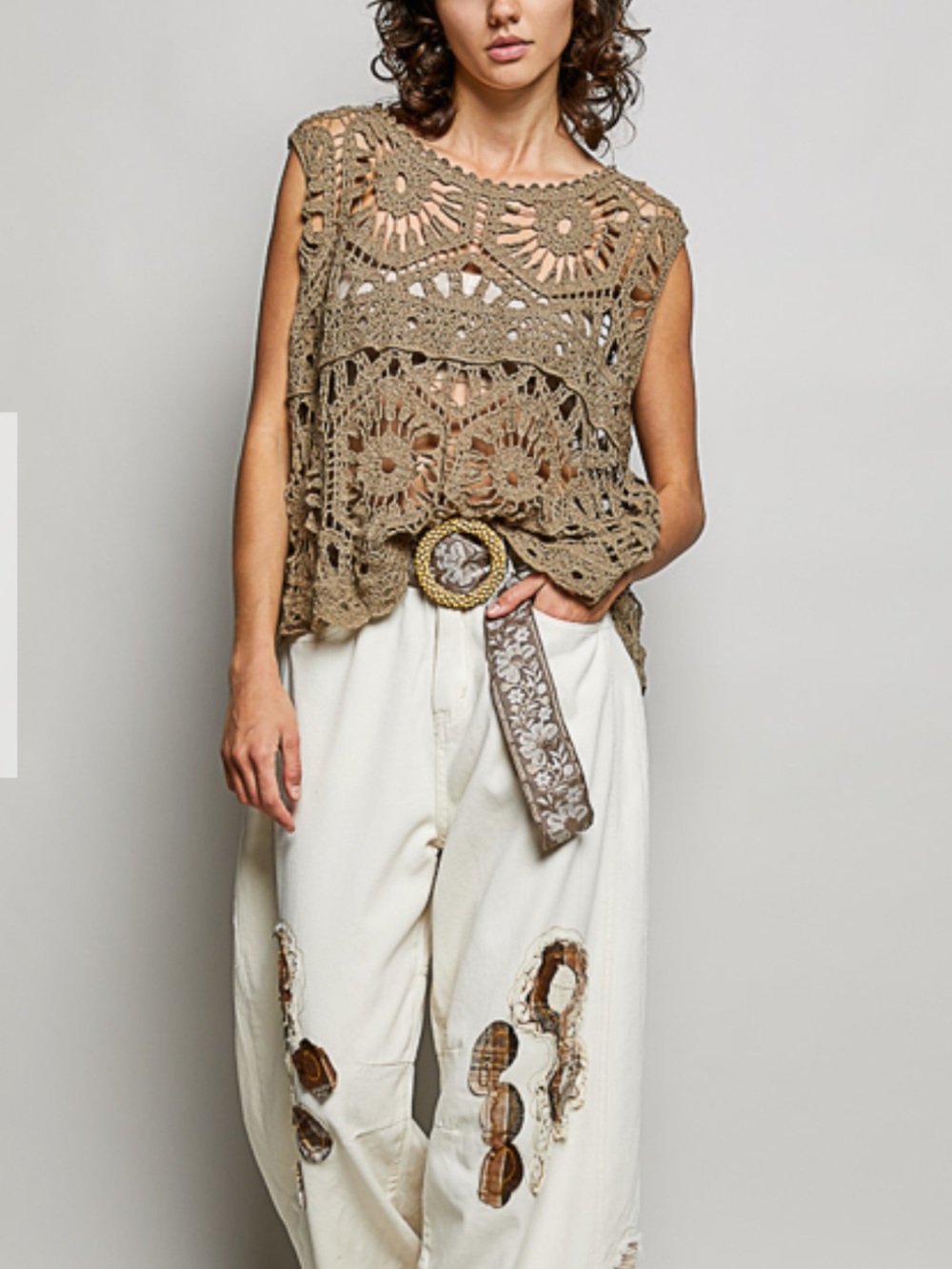 POL Crochet Knit Sleeveless Top in Taupe
